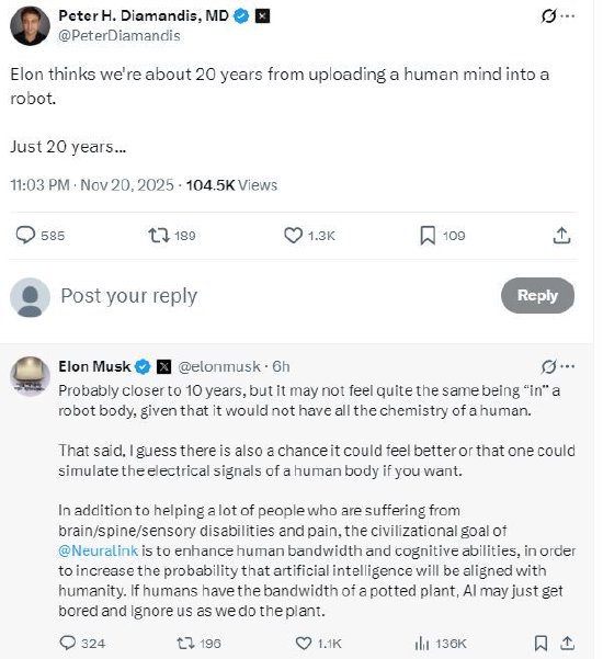 马斯克称人类意识上传到机器人可能在10年内实现